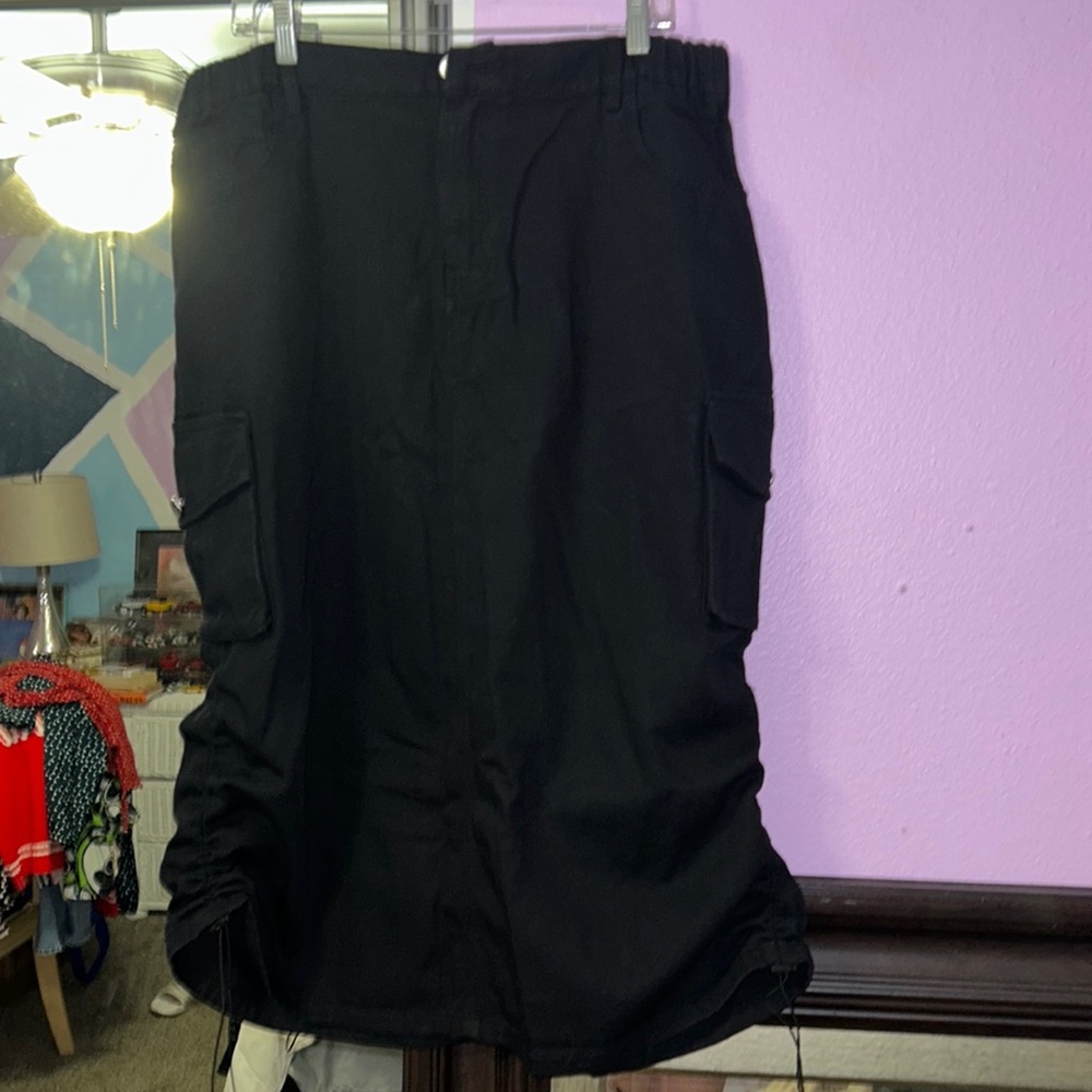Drawstring Ruched Slit Denim Midi Skirt - Picture 11 of 17